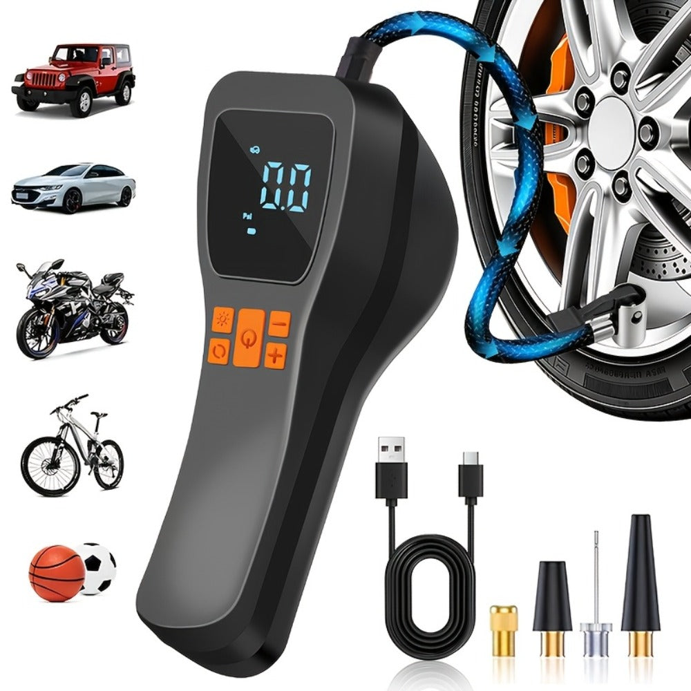 Cordless Tire Inflator Portable USB Rechargeable – Digital Gauge & LED Light, Fast Air Compressor with Auto Shutoff for Car, Bike, Motorcycle & Sports Equipment, Emergency Flat Tire Pump