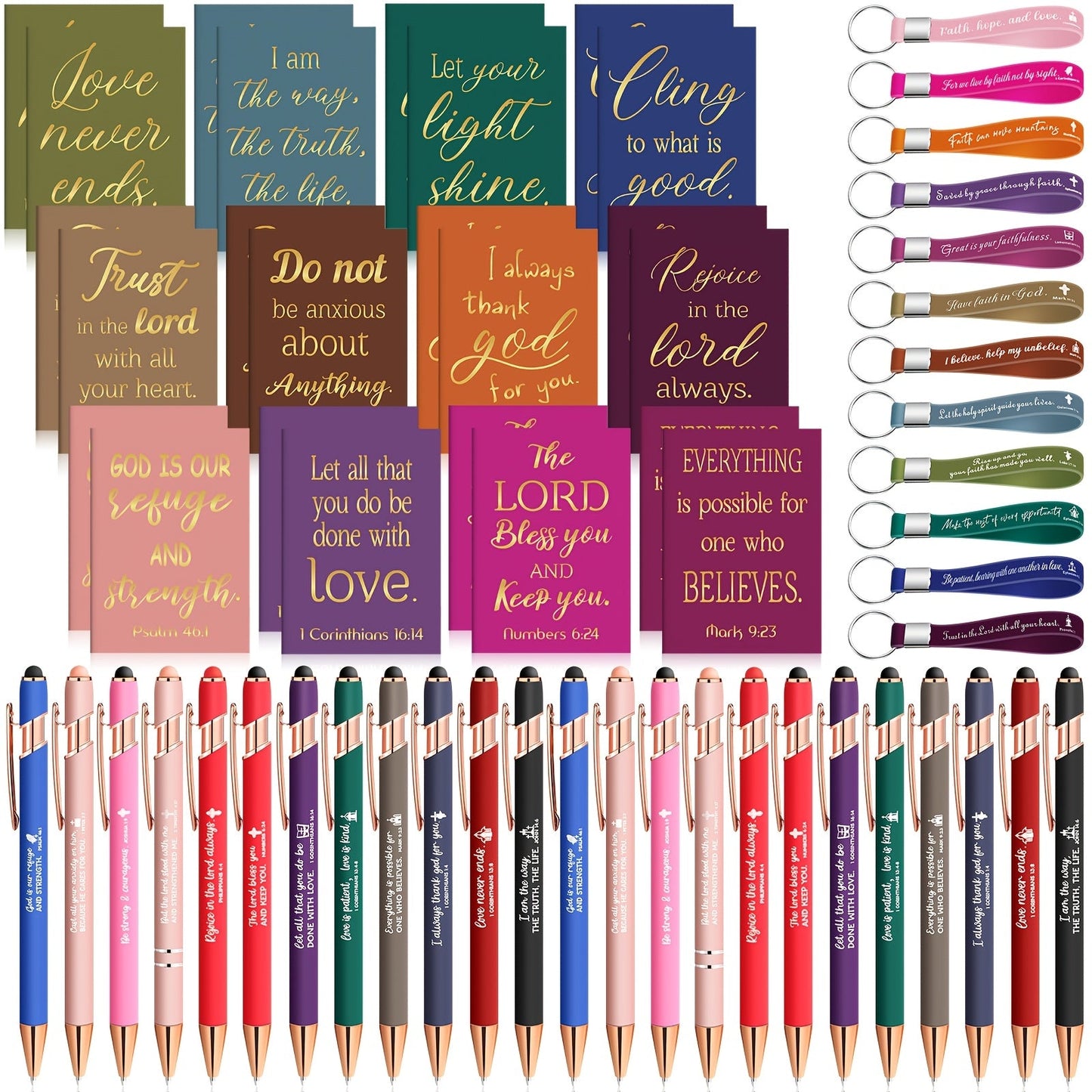 Seventy-Two-Piece Religious Stationery Gift Set with Notebooks, Ballpoint Pens and Quote Keychains
