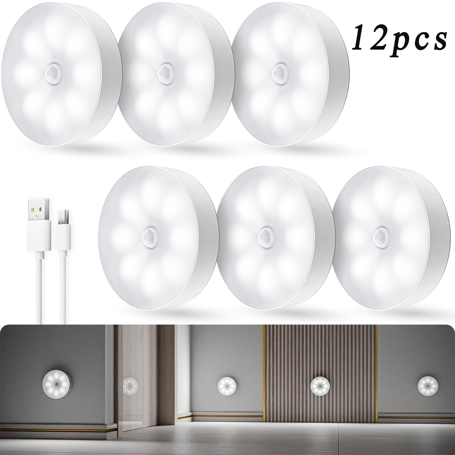 Wireless Motion Sensor Night Light USB Rechargeable - Dimmable Wall Lamp Dual Mode PIR Sensor Magnetic & Adhesive Mount 6 or 12 Pack for Kitchen Hallway Stairs Closet Cabinet Bedroom Bathroom