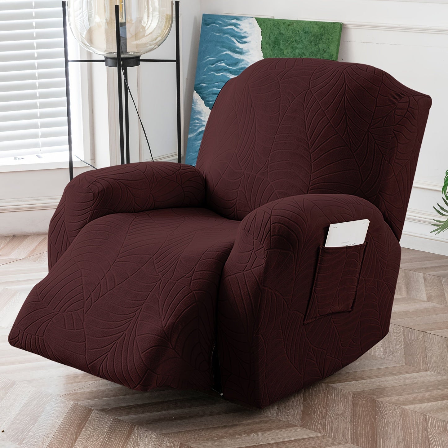 Four-Piece Recliner Chair Cover Set with Leaf Jacquard Pattern, Side Pocket and Six Color Options