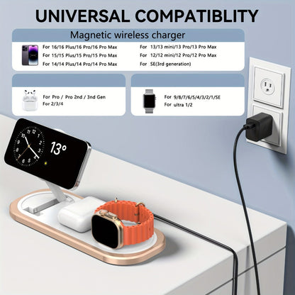 Samsung & iPhone 3-in-1 Wireless Charging Station Foldable 15W Fast Charger for iPhone 17/16/15/14/13/12, Apple Watch Ultra 2/Series 10/9/SE, AirPods Pro 4/3/2 & Samsung Galaxy S25/S24/S23 – 4 Colors Black Gold Silver Blue