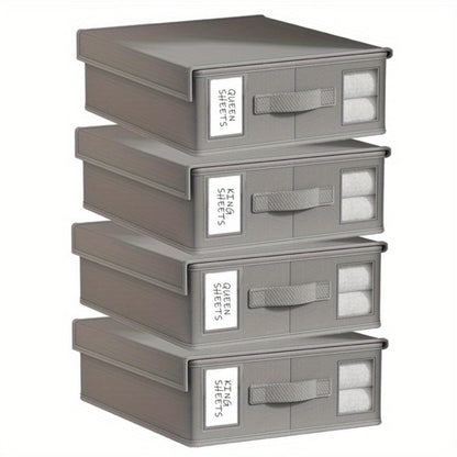 Bed Sheet Storage Organizer Boxes 4-Pack Foldable Fabric Bins with Clear Window & Label, Closet Bedding Storage Box for Sheets Duvet Covers Blankets Pillowcases, Oxford or Non-Woven, Grey Beige