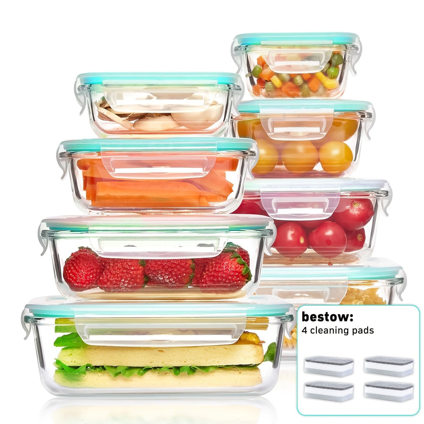Food Storage Containers 16-Piece Glass Set with Green Lids, Standard or Large Size and Microwave/Oven Use