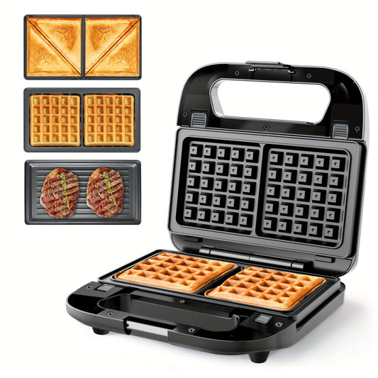 Sandwich Maker 3-in-1 Panini Press & Waffle Iron 750W with Removable Non-Stick Plates, Dishwasher Safe, Compact for Dorm, RV & Travel