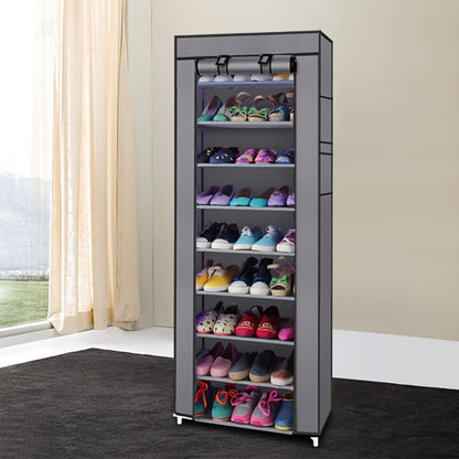 Shoe Rack with Dustproof Cover 10 Layers 9 Cubbies – Large Capacity Non-Woven Shoe Organizer for Entryway, Closet & Bedroom – Space-Saving Steel Frame Shoe Shelf, Easy Assembly