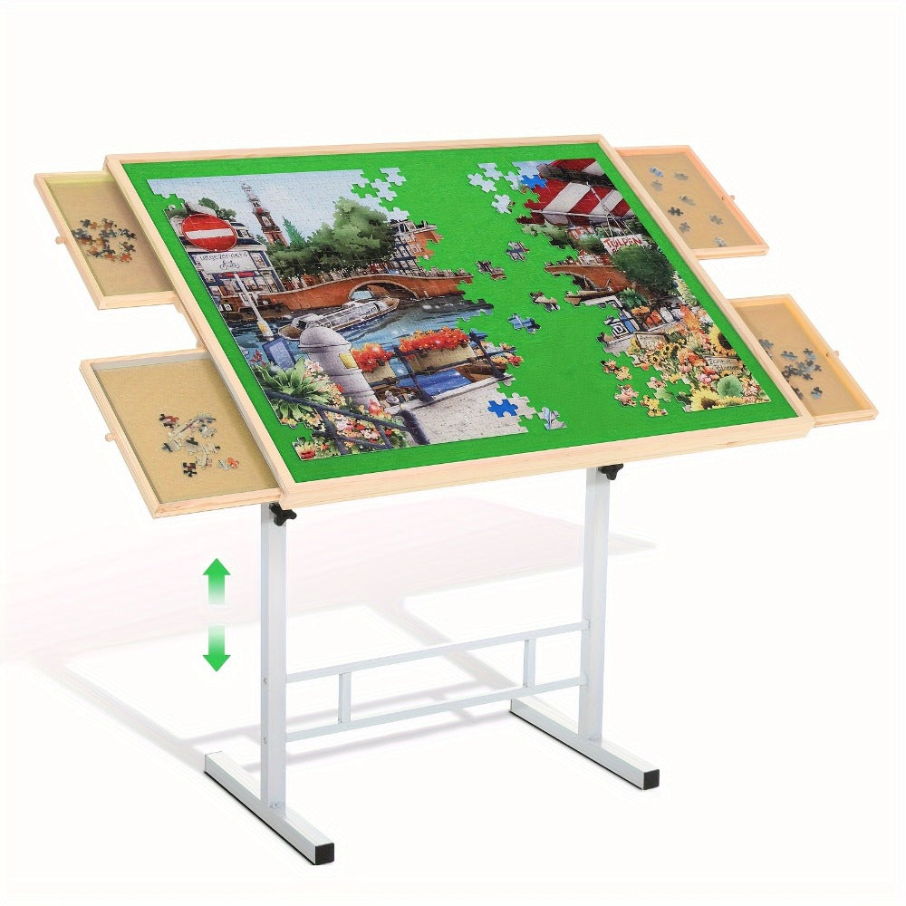 Adjustable Jigsaw Puzzle Table for 1500 Pieces with 4 Drawers, 35 x 26-Inch Wood Board and Metal Legs