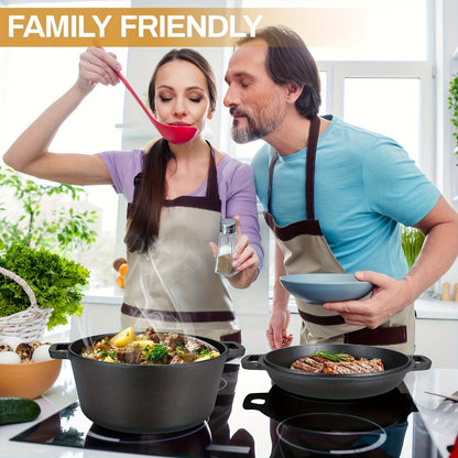 Cast Iron Dutch Oven Set 5.1QT & 7QT with Skillet Lid – Pre-Seasoned 2-in-1 Cookware for Stovetop, Induction, Oven, Campfire & BBQ, Sourdough Bread Baking, Frying, Camping