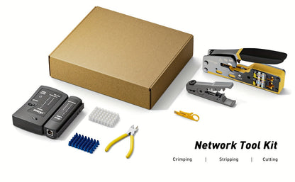RJ45 Pass-Through Crimping Tool Kit with Cable Tester, Wire Stripper, Pliers and 50 Connectors