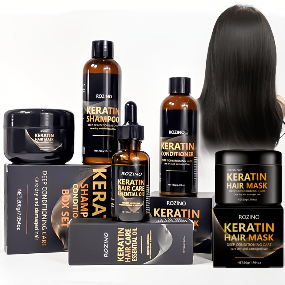 Five-Piece ROZINO Keratin Hair Care Set with Shampoo, Conditioner, Mask and Oil Container Formats