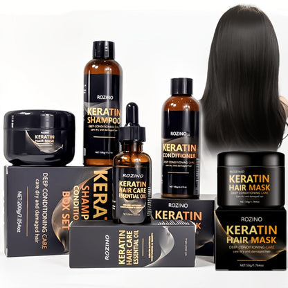 Five-Piece ROZINO Keratin Hair Care Set with Shampoo, Conditioner, Mask and Oil Container Formats