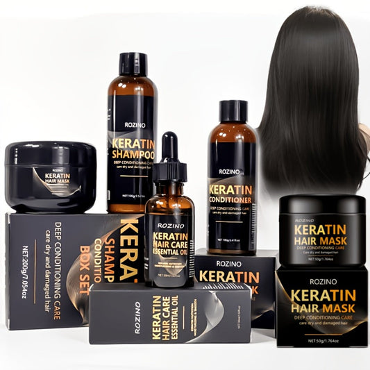 Keratin Hair Care Set 5pcs – Shampoo Conditioner Hair Mask & Essential Oil Bundle | Cleanses Strengthens Repairs Split Ends & Volumizes | Squalane Glycerin Formula for All Hair Types Unisex