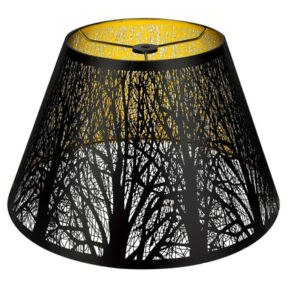 Metal Lampshade Etched Forest & Leaf Design | Black Exterior Gold Interior | Barrel Lamp Shade for Table Lamp & Floor Lamp | Medium Large Decorative Lampshade 7x13x7.8 inch