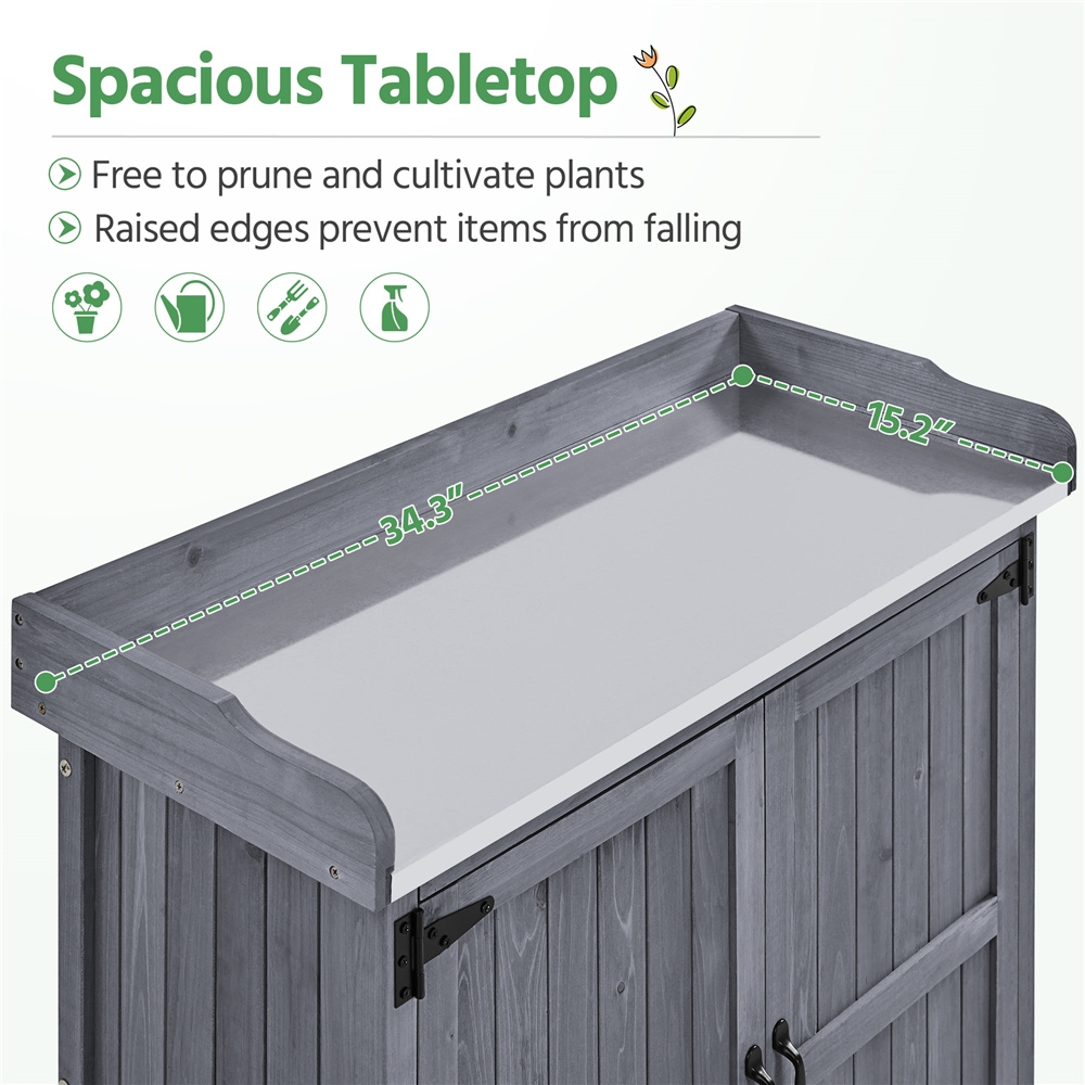 Rolling Potting Bench 3-Tier Wooden Garden Workstation Waist-High Galvanized Metal Top Lockable Casters Side Hooks Shelves for Outdoor Patio Gardening Storage