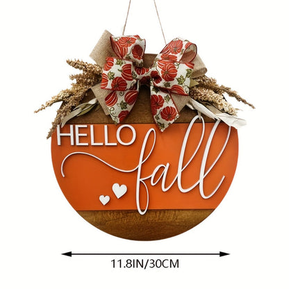 Hello Fall Pumpkin Door Hanger with Wheat Sprays, Layered Bow and 11.8-Inch Round Wood-Look Sign