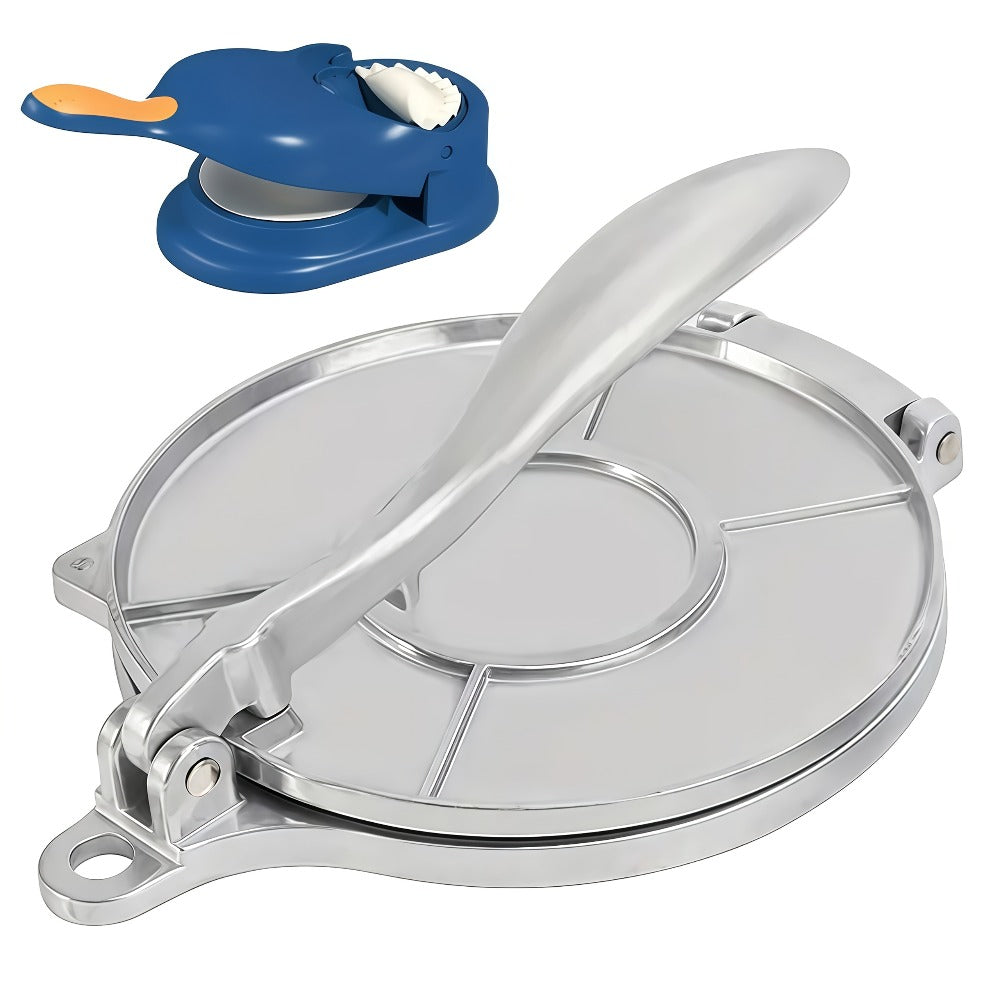Manual Tortilla and Dough Press in 6.5- or 8-Inch Black Cast-Iron-Style Configurations for Flatbread Prep
