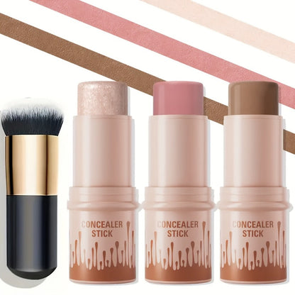 Cream Contour Stick Set 3-in-1 with Blush Highlighter & Bronzer — Squalane Non-Greasy water-resistant extended-wear Sculpting Kit, Matte &