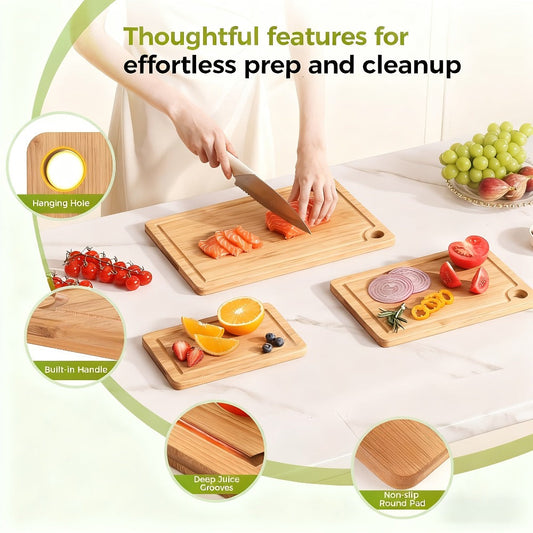 Cutting Board Three-Piece Bamboo Set with Juice Grooves, Carry Handles and Three Nested Sizes