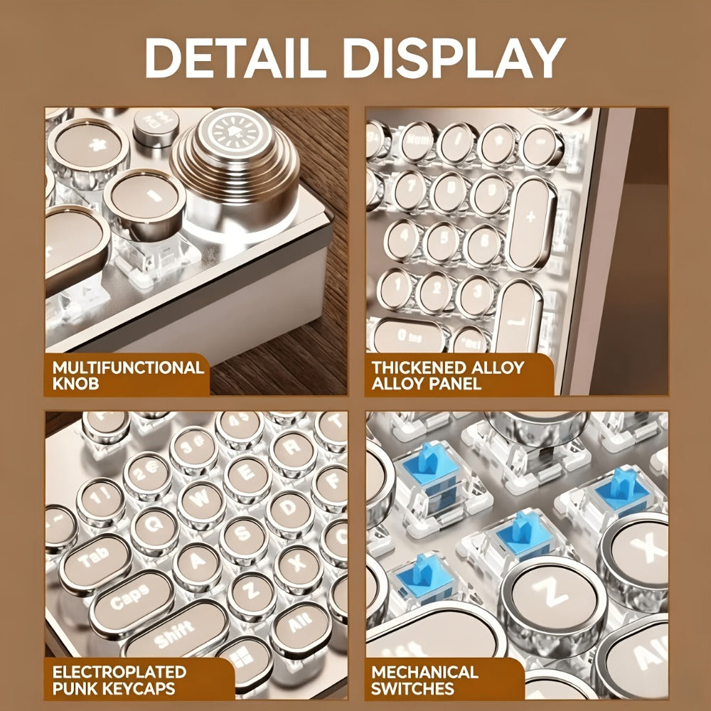 Steampunk Typewriter Mechanical Keyboard with Blue Switches – Retro Old-Fashioned USB Wired Gaming & Office Keyboard for Desktop Laptop PC Windows, Unique Aesthetic Gift for Gamers & Typists