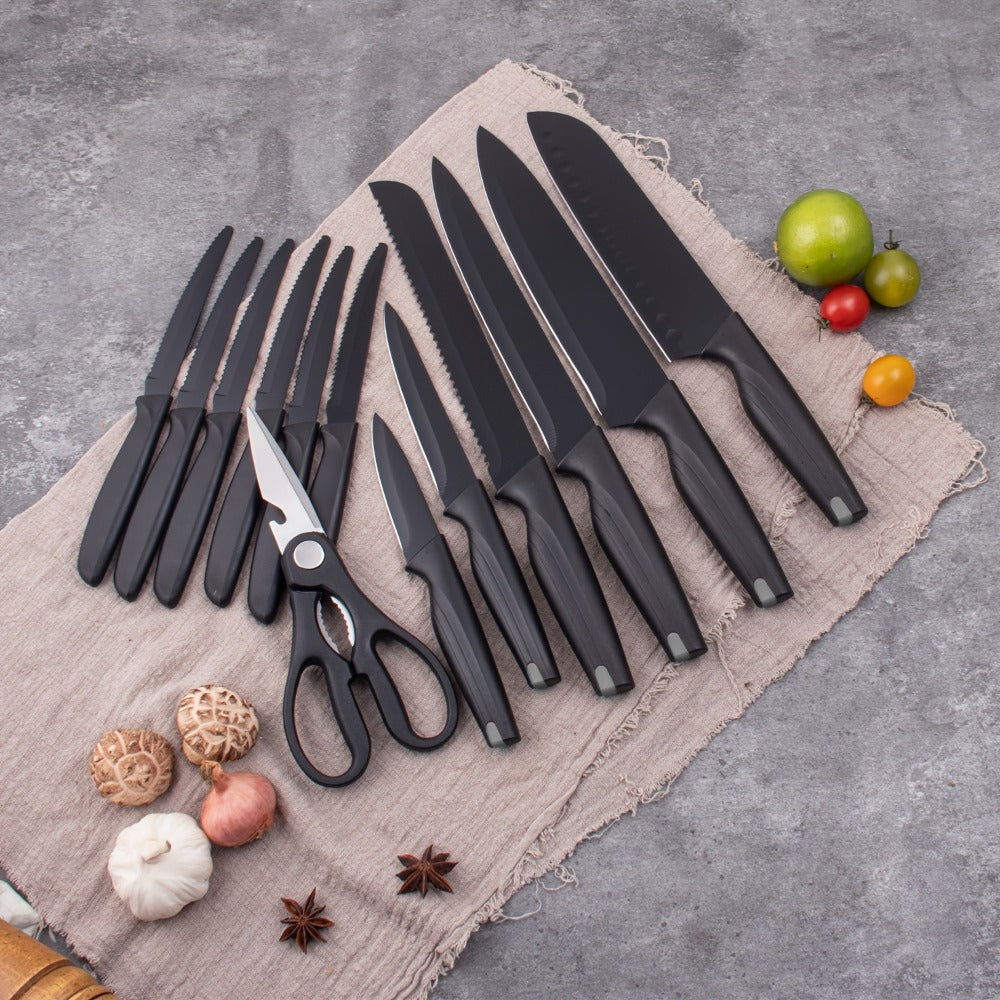 15-Piece Kitchen Knife Set with High-Carbon Stainless Steel Label, Black Handles, Scissors and Sharpening Block