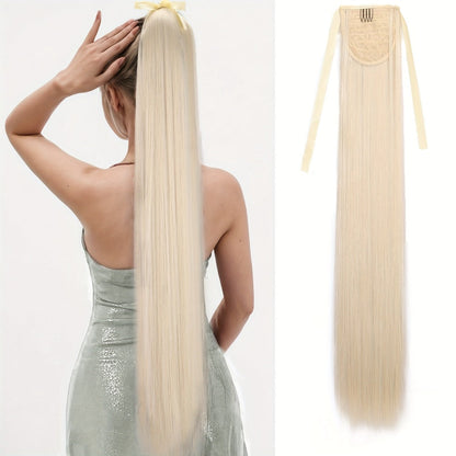 34 Inch Straight Ponytail Extension Ribbon Wrap – Long Sleek High Temperature Fiber Hairpiece for Women | Instant Wrap On Ponytail | Daily Wear Party Wedding | Brown Linen Champagne Olive Mixed