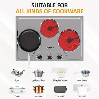 Portable Electric Cooktop Triple Burner 1800W – Royalcraft Countertop Electric Stove with Knob Control, Indicator Light, Compatible with All Cookware, Silver