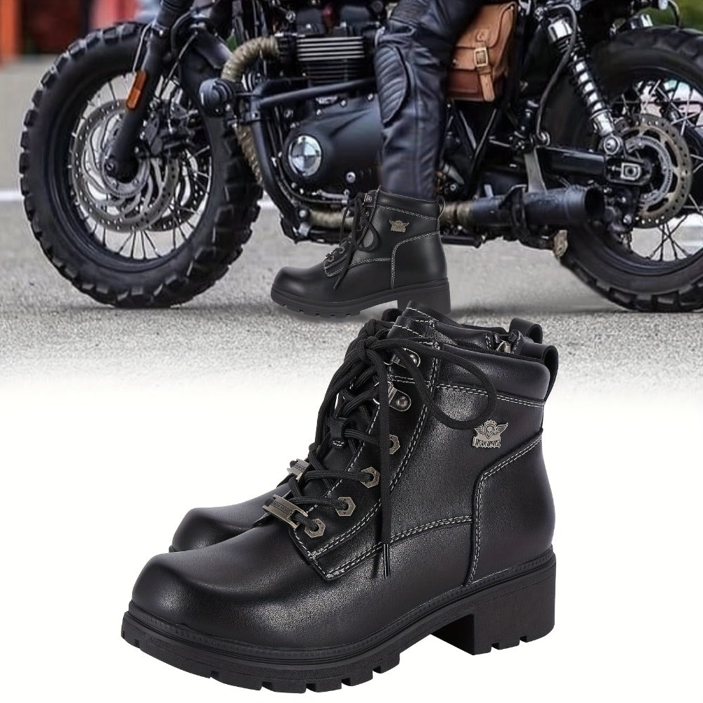 Women's Motorcycle Riding Boots, Low Heel Lace-Up Ankle Booties with Side Zipper, Non-Slip Rubber Sole Biker Combat Boots in Black Faux Leather, All-Season, US Sizes 6–11