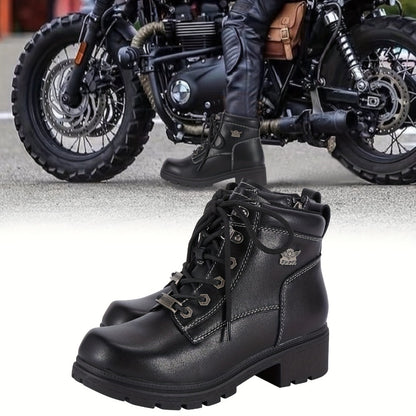 Women's Motorcycle Riding Boots, Low Heel Lace-Up Ankle Booties with Side Zipper, Non-Slip Rubber Sole Biker Combat Boots in Black Faux Leather, All-Season, US Sizes 6–11