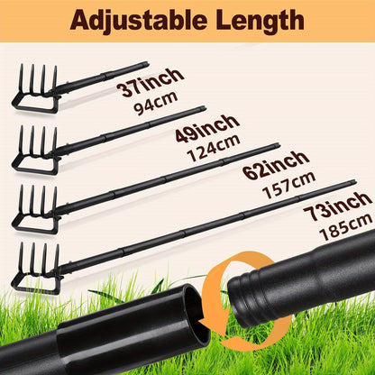 2-in-1 Garden Hand Tool with Stirrup Hoe, Four-Tine Cultivator and 62-, 73- or 82-Inch Sectional Handle