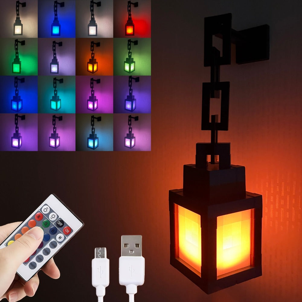 Sixteen-Color Pixel Lantern Night Light with Remote, USB Cable, Chain and Wall-Mount Bracket