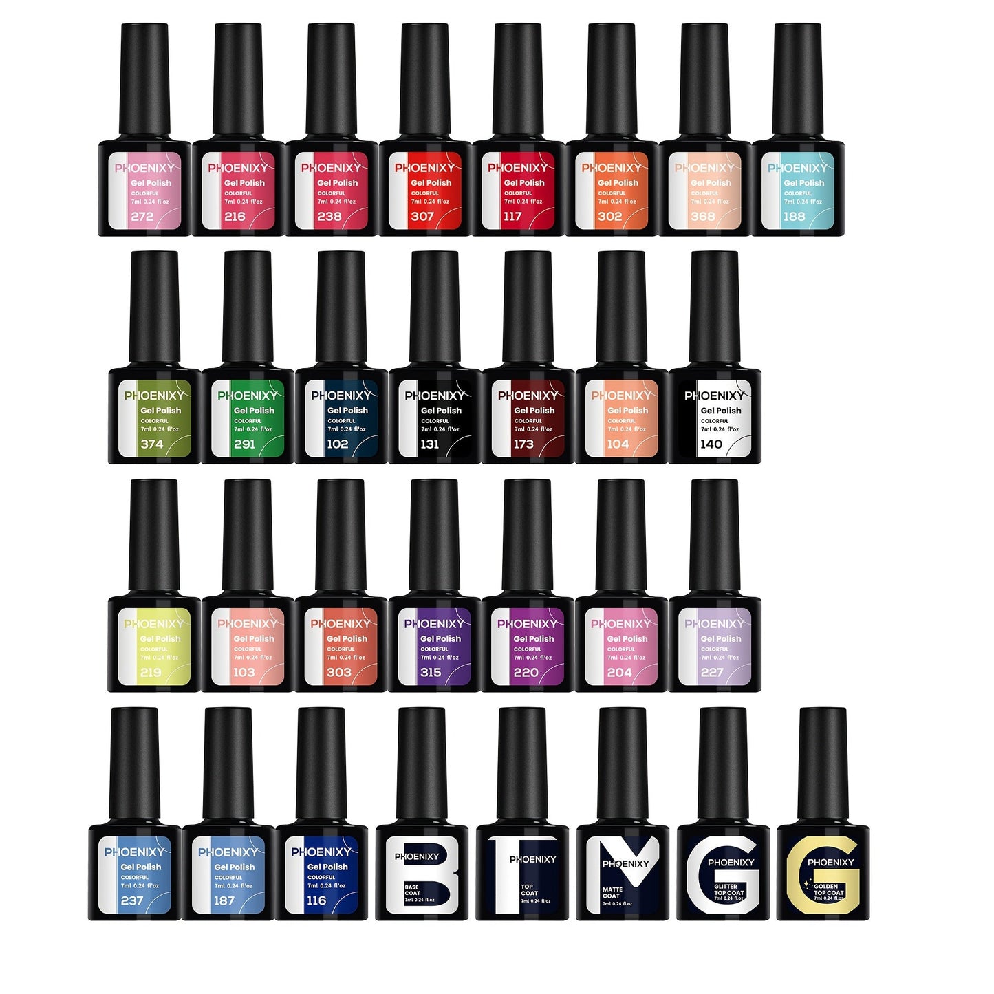Gel Nail Polish Set with PHOENIXY Label, 30 Pieces with Base, Glossy, Matte and Glitter Top Coats
