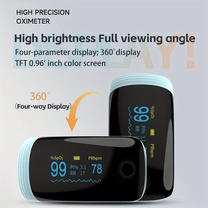 Rechargeable Fingertip Pulse Oximeter with Four-Parameter Display and Five Color Options from White to Blue