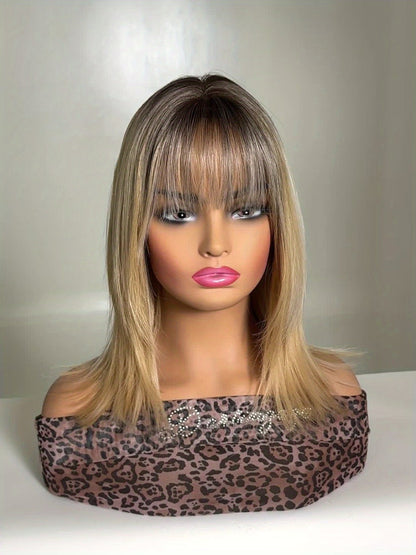 Synthetic Wig 16-Inch Gradient White-Golden Straight Style with Bangs and Adjustable Rose Net Cap