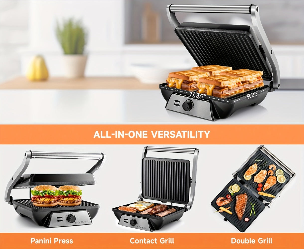Panini Press Grill 3-in-1 Electric Indoor Grill with Non-Stick Plates - 180° Flat Grill Sandwich Maker with Floating Hinge Grease Tray Temperature Control, Compact Countertop Grill for Home Dorm Office
