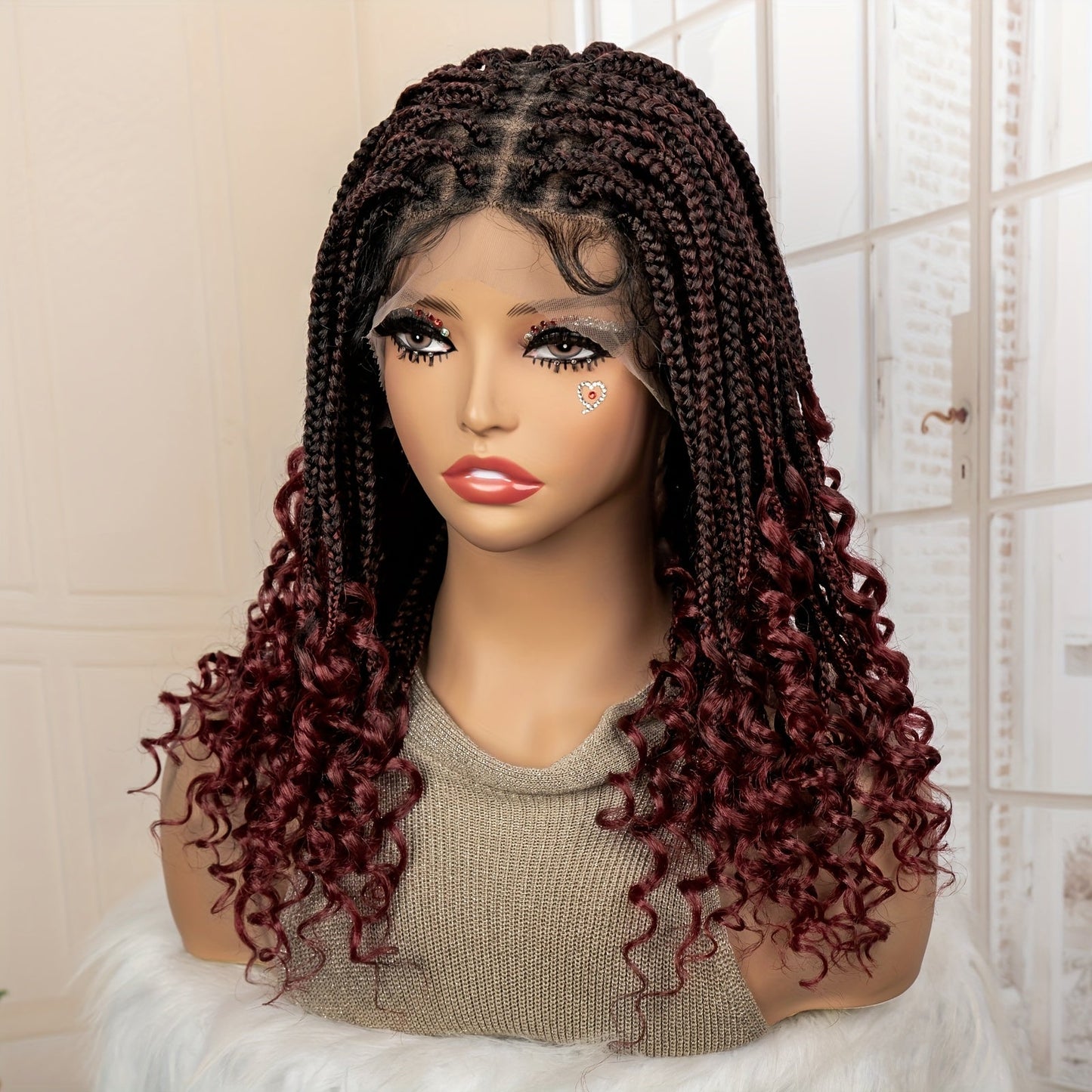 Goddess Braided Wig Knotless Bohemian Square Braid Full Lace Curly Wave 14-16 Inch Black Burgundy Brown Natural Hairline Protective Style Synthetic Wig for Women