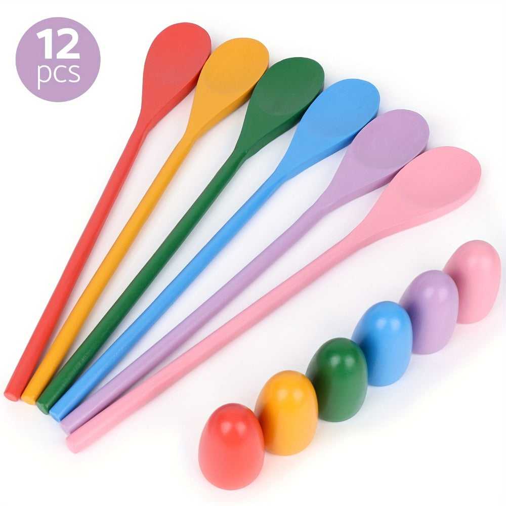 Twelve-Piece Egg-and-Spoon Race Set with Six Colored Spoons and Six Matching Eggs for Lawn Parties