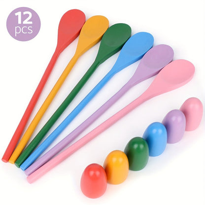 Twelve-Piece Egg-and-Spoon Race Set with Six Colored Spoons and Six Matching Eggs for Lawn Parties