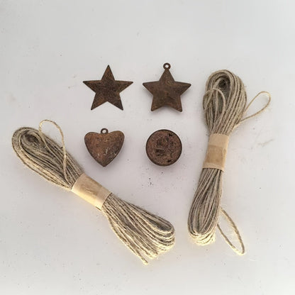 62-Piece Rustic Christmas Bell and Star Craft Set with Heart Shapes and Two 10 m Rope Rolls