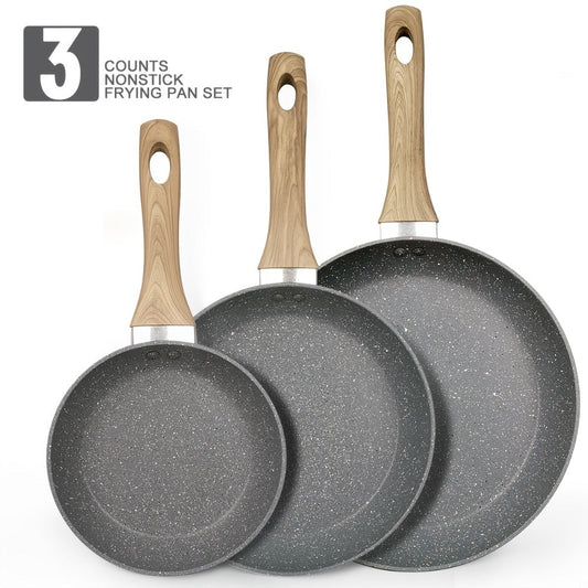 Non-Stick Frying Pan Set 3-Piece 7 9.5 11 Inch – Dishwasher Safe Skillet Set with Insulated Handle | Induction Compatible Home Kitchen Pans in Beige Grey & Black | Durable Even-Heating Cookware