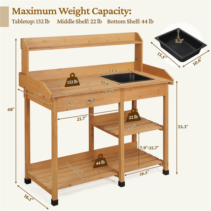 Four-Tier Garden Potting Bench with Removable Sink, Drawer, Adjustable Shelf and Three Side Hooks