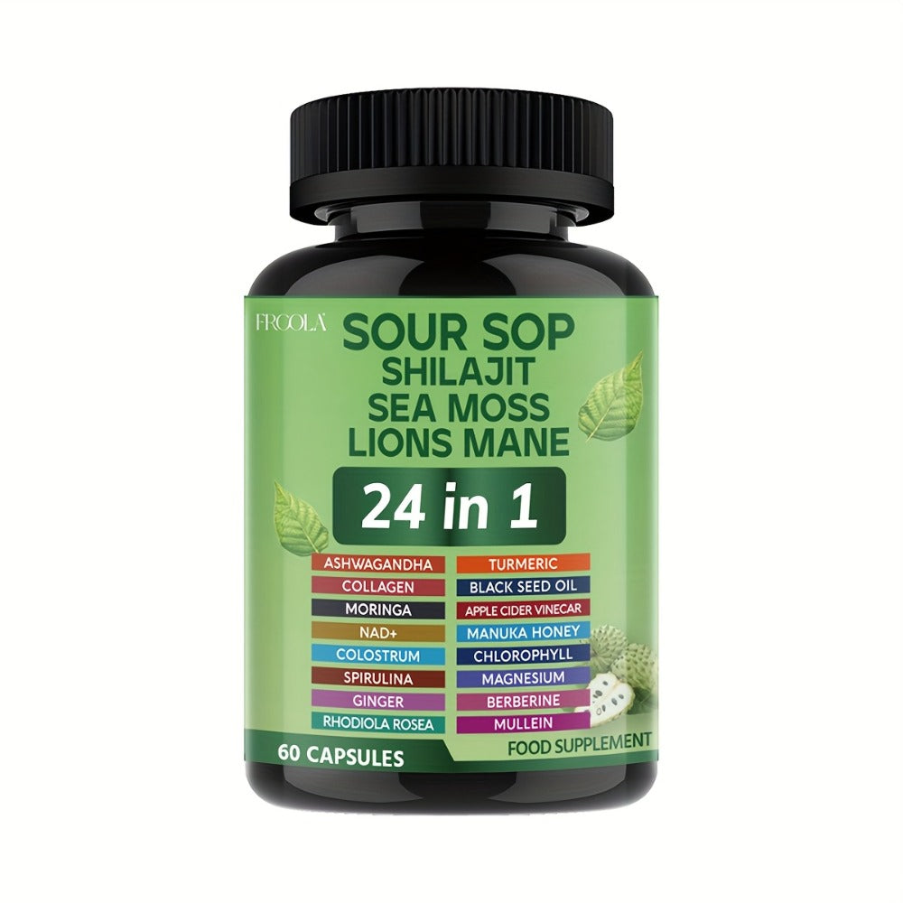 Herbal Supplement with FRCOLA Label, Soursop Shilajit Sea Moss and Lion's Mane 24-in-1 Capsules, 60 Count