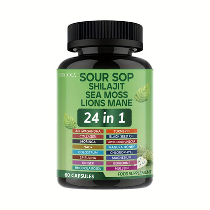 Herbal Supplement with FRCOLA Label, Soursop Shilajit Sea Moss and Lion's Mane 24-in-1 Capsules, 60 Count