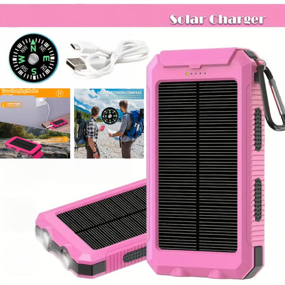 Solar Power Bank, 10000mAh USB Charger with Solar Panel, LED Flashlight, Compass, Data Cable and Backpack Hook
