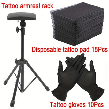 Adjustable Tripod Tattoo Armrest Stand with Pictured Padded Top, Fifteen Pads and Ten Black Gloves