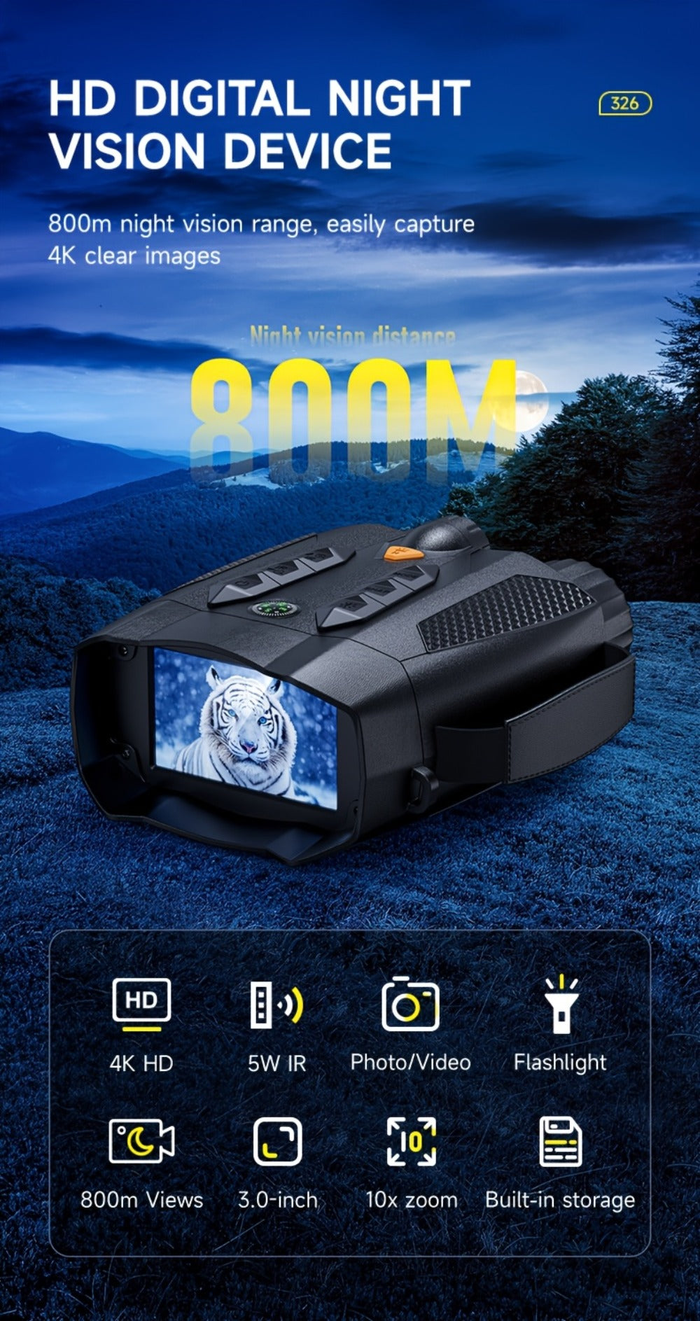 Night Vision Goggles with Built-In 3W IR Illuminator | 200MP HD, 10X Digital Zoom, 5W IR Light, 6-Hour Battery | Hands-Free Wearable for Hunting, Survival, Wildlife & Nighttime Outdoor Adventures