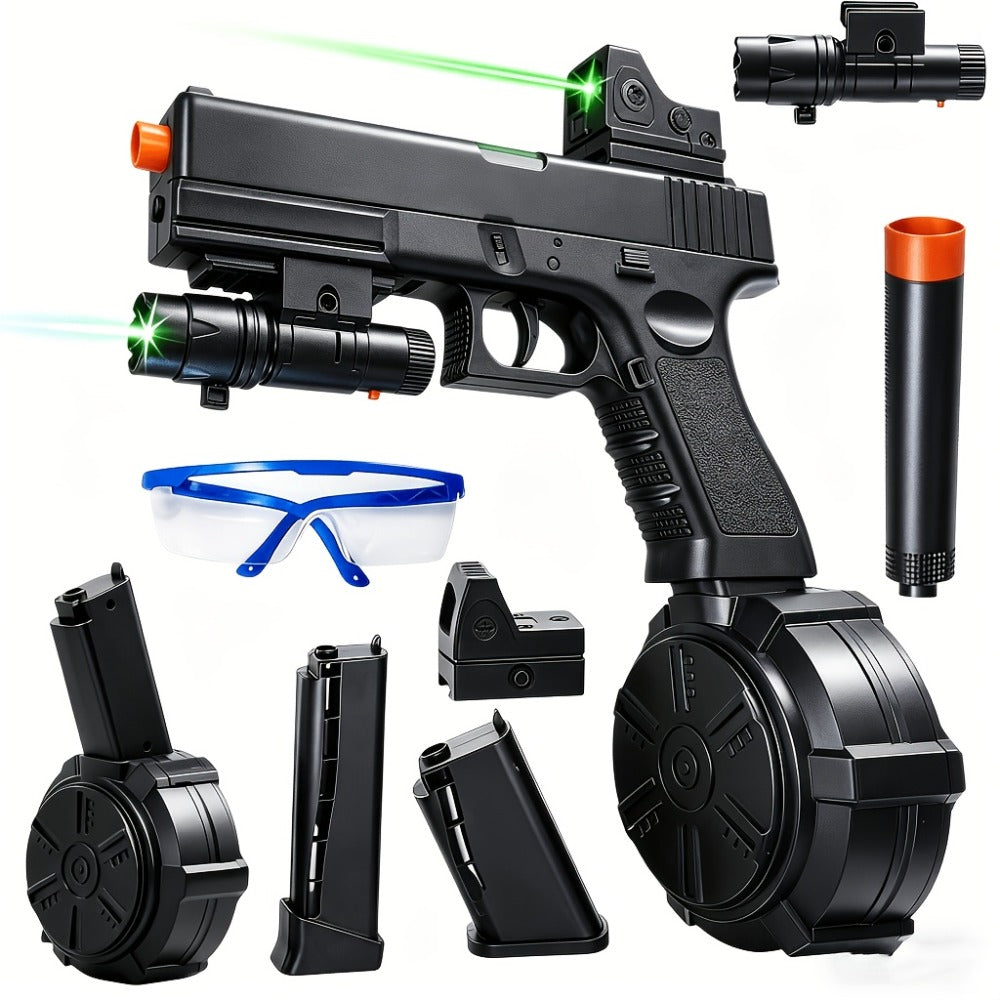 Black Electric Gel Blaster Set with Three Magazine Styles, Sight, Flashlight, Goggles and Charging Cable