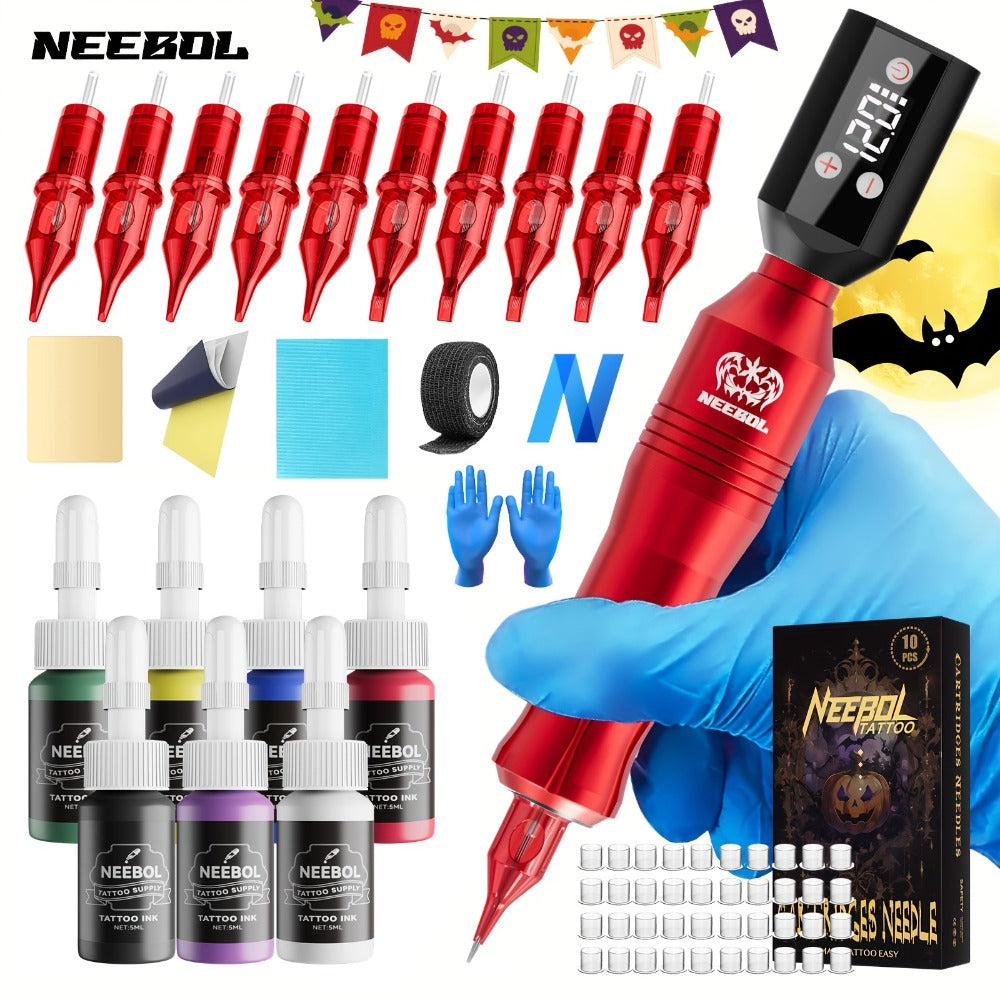 Wireless Rotary Tattoo Pen Kit LCD Display 8H Battery 10/20 Cartridge Needles Complete Cordless Tattoo Machine Set for Beginners & Professional Artists Black Red