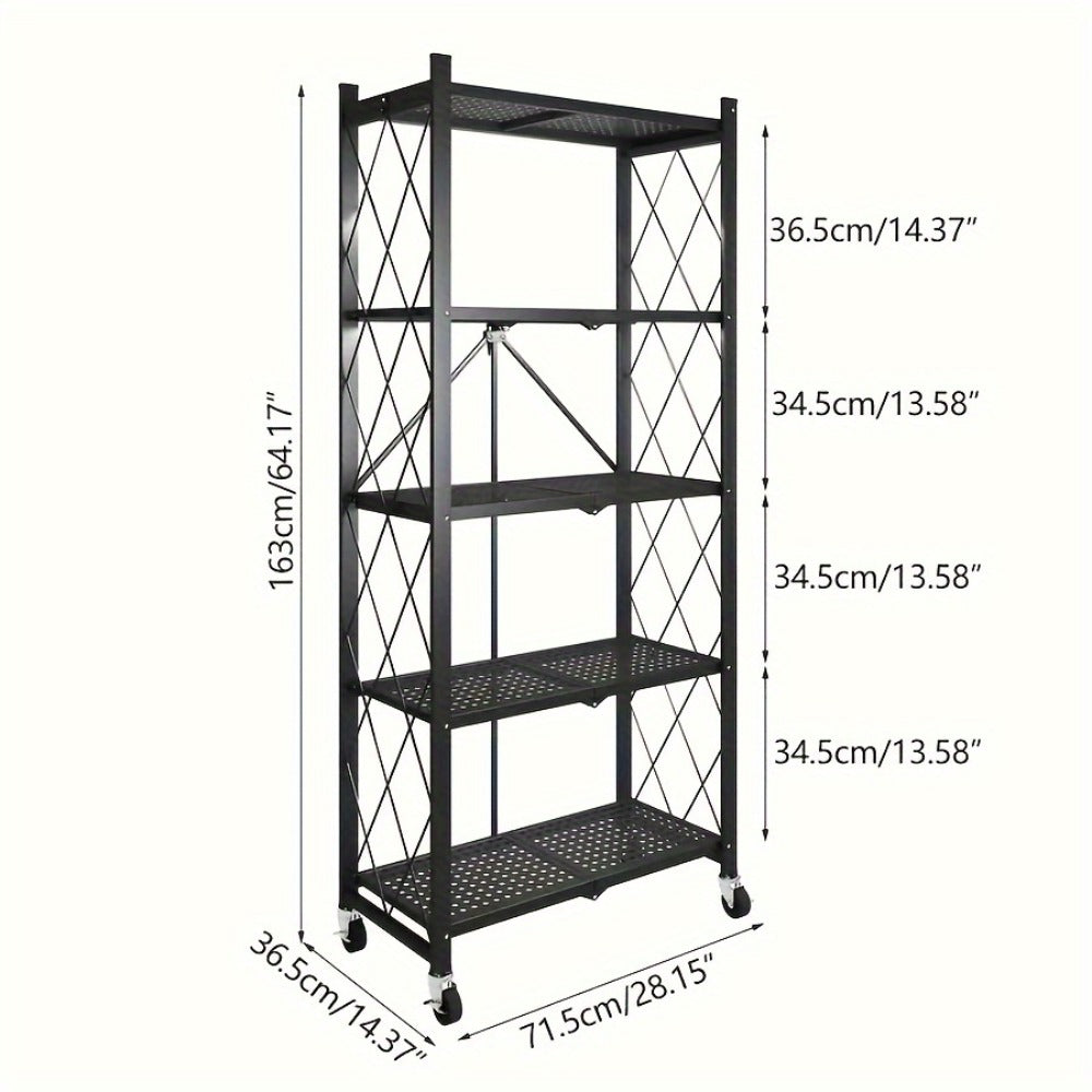 Three-to-Five-Tier Wheeled Storage Rack with Foldable Shelves and Black or White Configurations