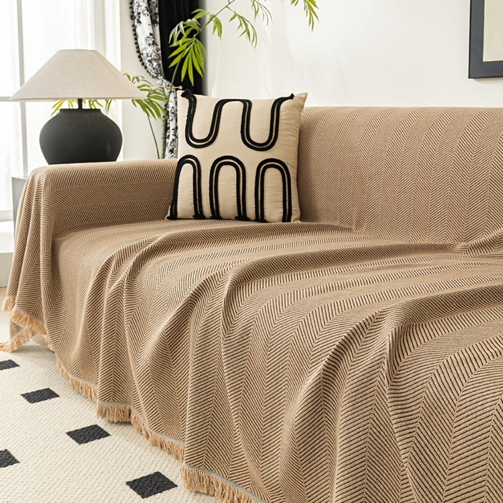 Sofa Cover 71-Inch Herringbone Jacquard Woven Throw with Tassel Fringe in Grey, Coffee, Green or Blue