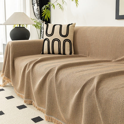 Sofa Cover 71-Inch Herringbone Jacquard Woven Throw with Tassel Fringe in Grey, Coffee, Green or Blue
