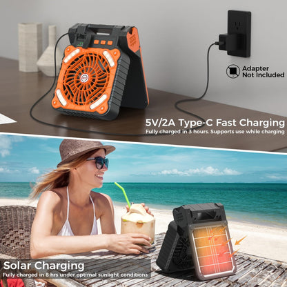 Solar Camping Fan and Light with Folding Panel, USB-C Input, Timer Controls and Three Color Options